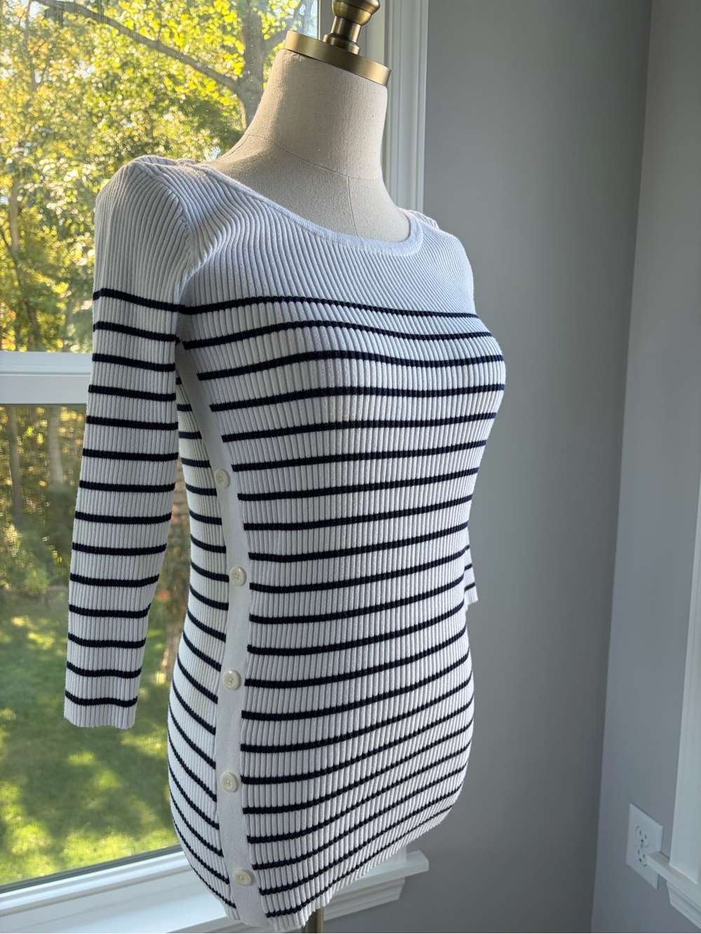 Motherhood Maternity White & Navy Striped Ribbed Button-Side Sweater Size S